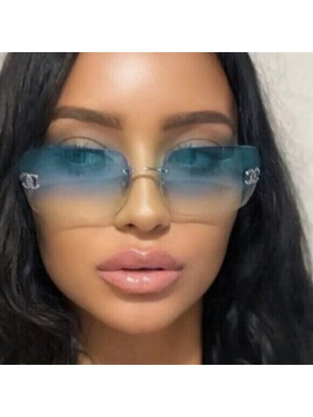 Chanel Vintage Sunglasses Rhinestone Crystal CC Logo Rimless Gradient Blue